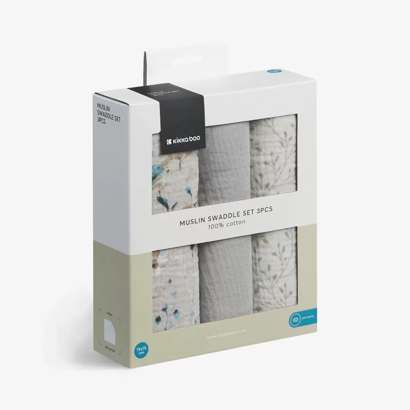 Kikka Boo muslin prekrivac Dreamy Fields Grey 75x75cm - 3kom 